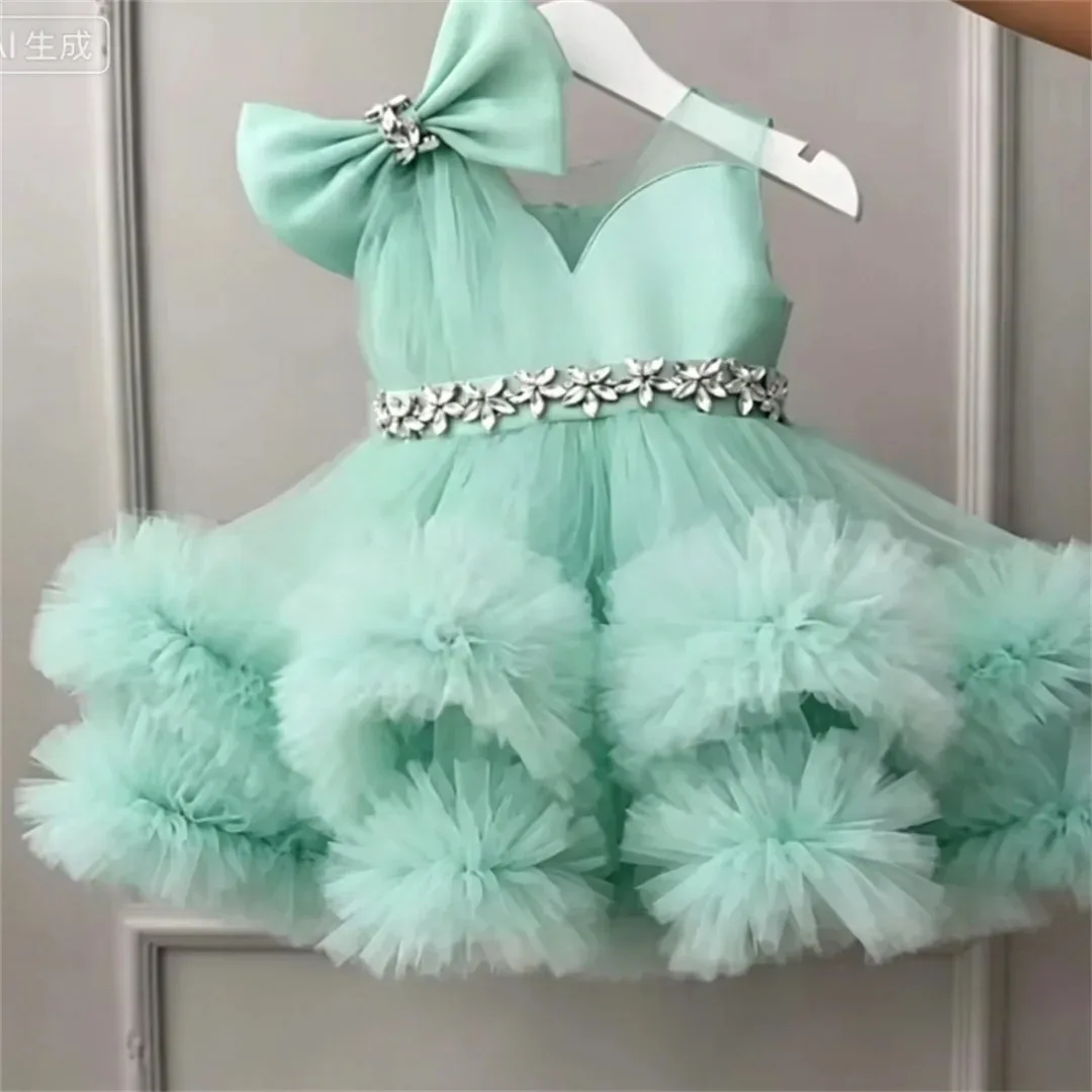 Tulle Flower Girl Dress One Shoulder Big Bow Bow Crystal Flower Belt Layered For Baby Shower Birthday Pageant Customized