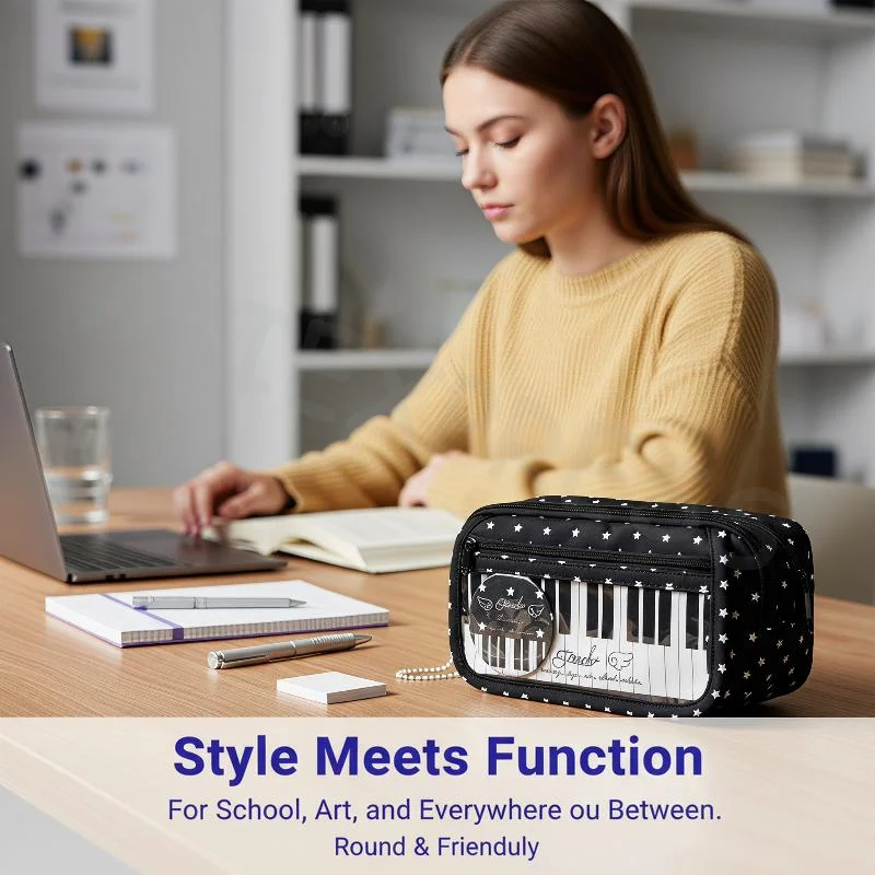 1Pc Cute Piano Keyboard Print Pencil Case Large Capacity Multiple Pockets Stationery Pouch for Kids Back to School Gifts