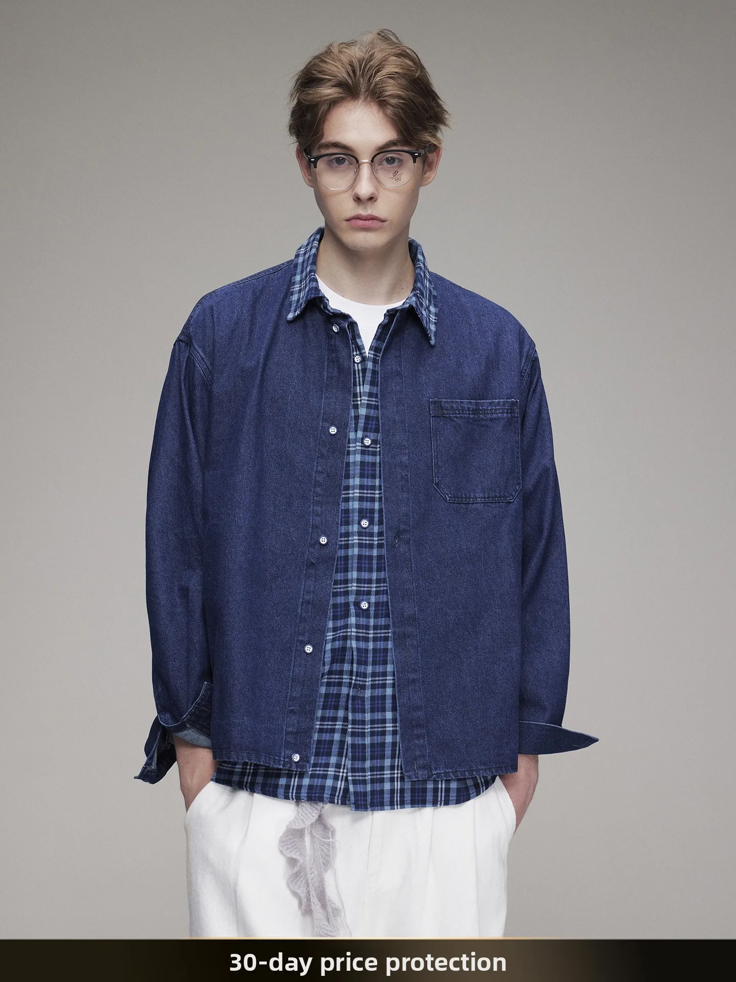 

Мужская свободная повседневная рубашка-куртка в американском ретро-стиле с цветными клетчатыми вставками, имитация двухслойности, универсальная для пар, осенний сезон