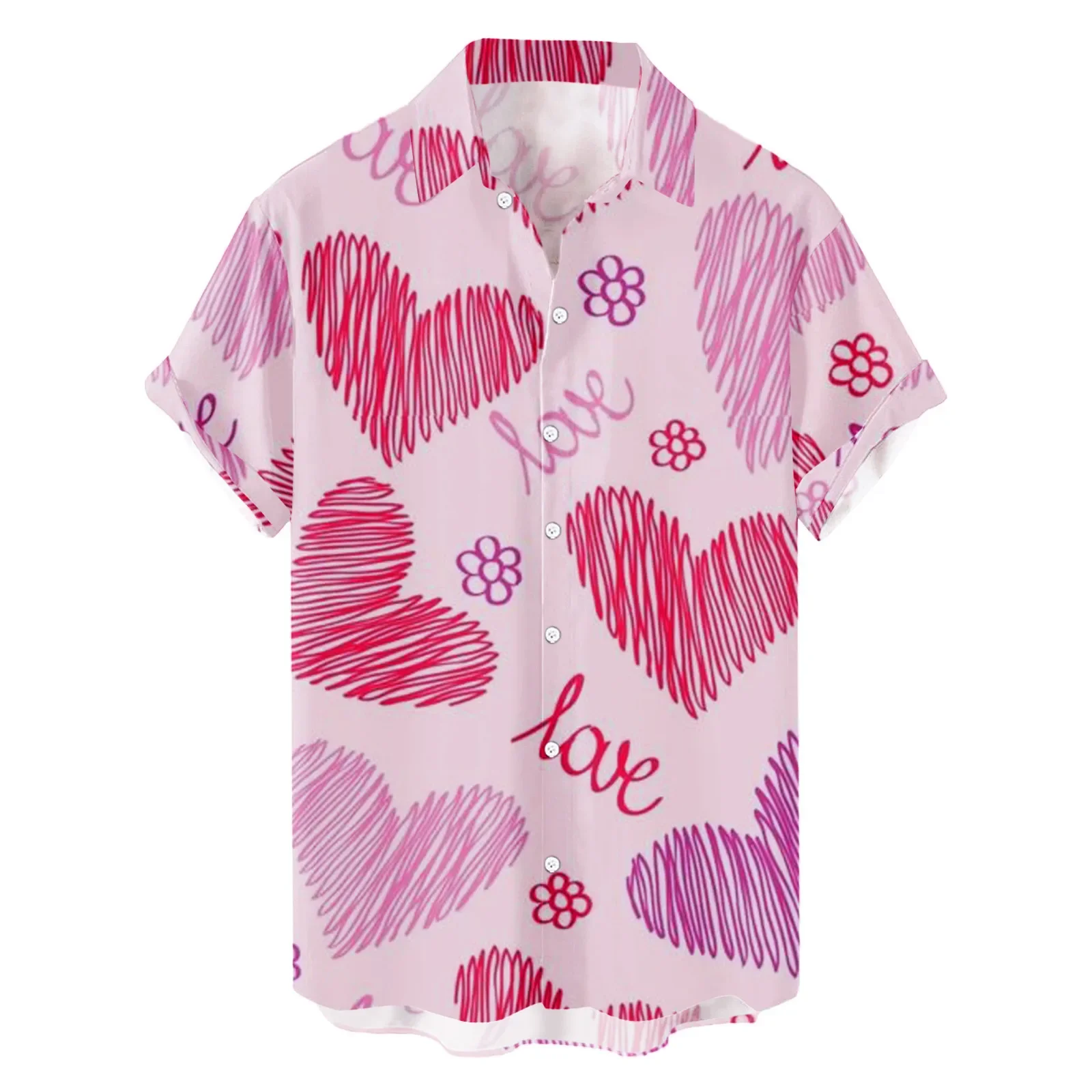 Summer Comfort Hawaiian Shirt Men Travel Daily All-match Blouse, Soft Pink Sketch Love Heart 3D Print