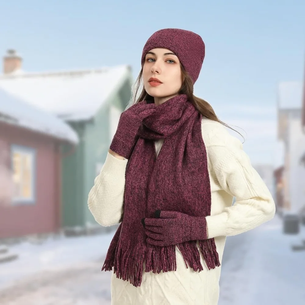 الشتاء الدافئة قبعة صغيرة قفازات لمس طقم وشاح طويل للنساء مع عقال، قبعة متماسكة الأوشحة مع شرابة للنساء