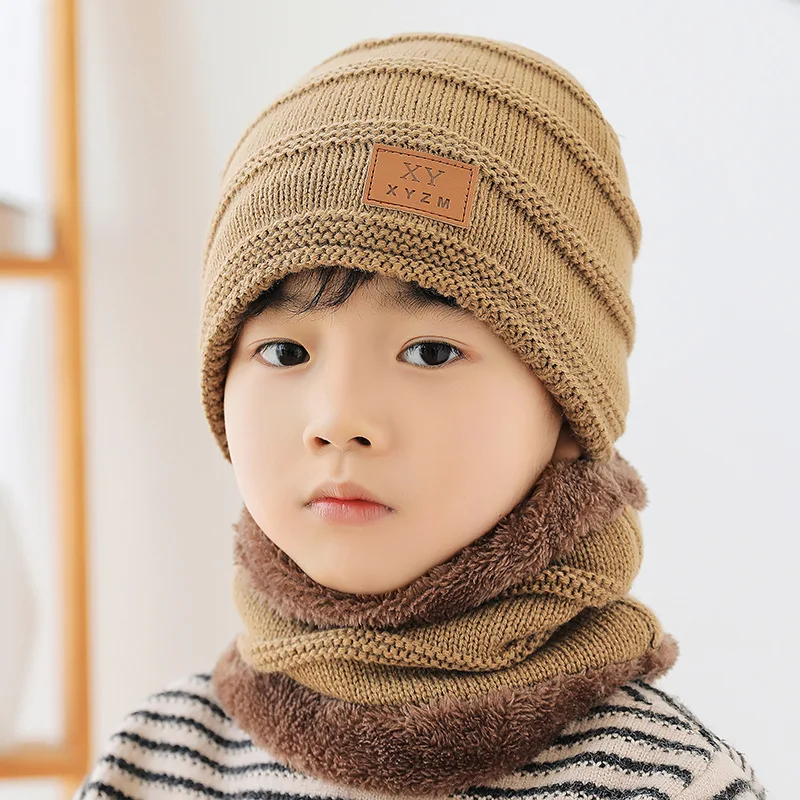 New Kids Winter Warm Knitted Hat with Scarf Set Skullies Beanies for 3-14 Years Old Boy\'s Children cute Hat Scarf Set Beanie Cap