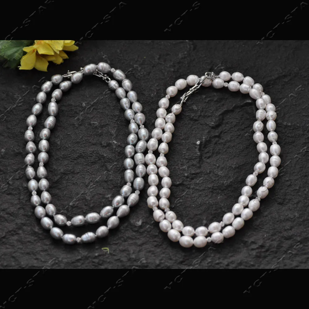 

Z14499 37'' 12mm White Gray Rice Freshwater Pearl CZ Bead Necklace