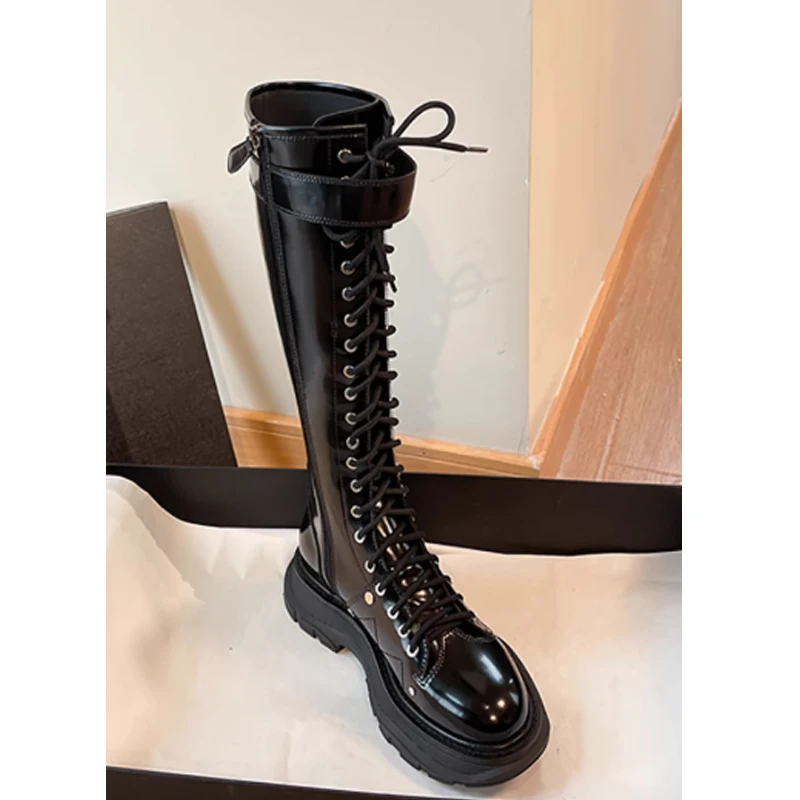 

Black Lace Up Platform Knee High Boots Glossy PU Leather side zipper Chunky Sole Goth Punk Biker Boots woman Autumn Winter 2026