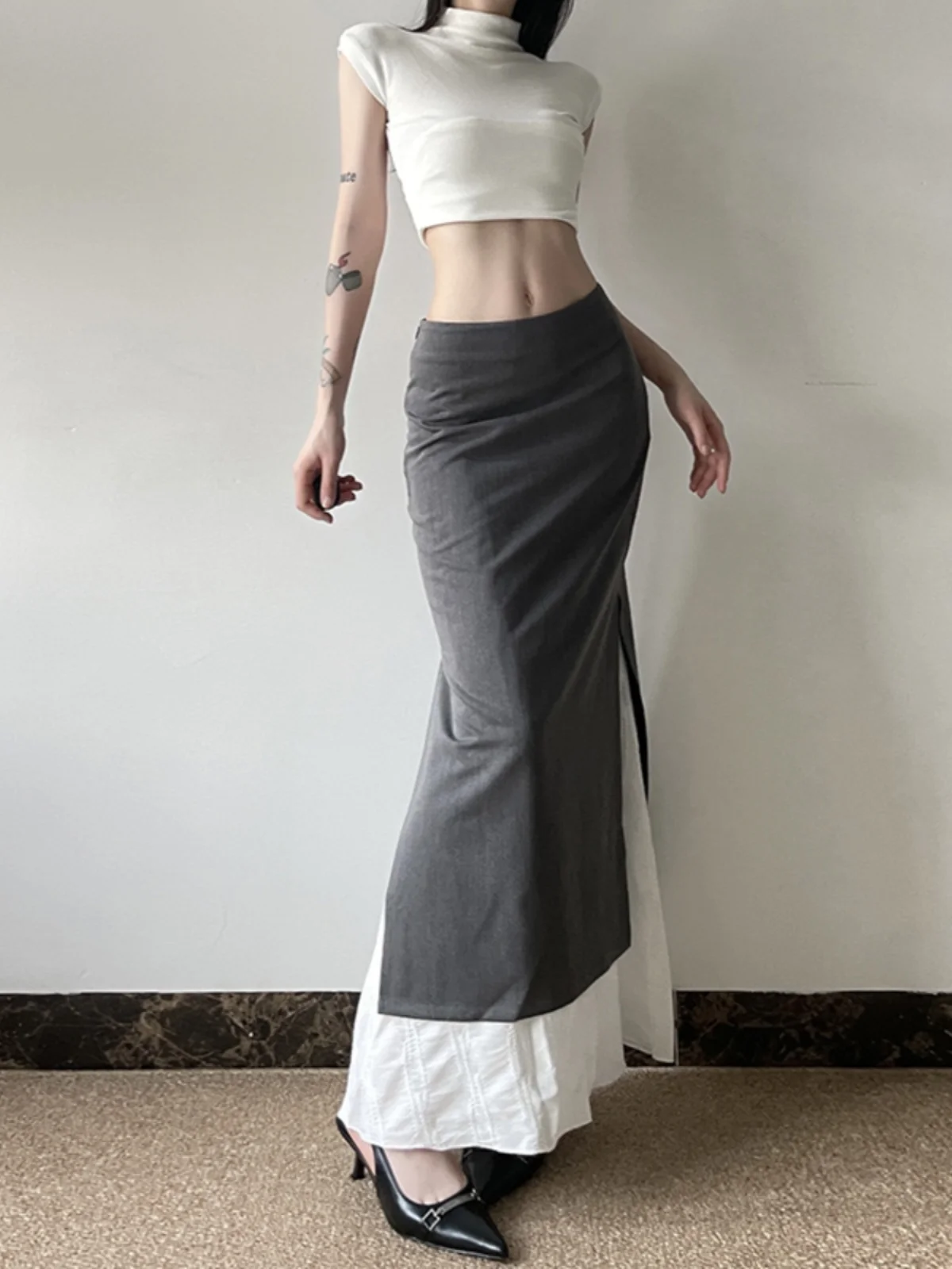المرأة ريترو رمادي تقسم Bodycon حورية البحر تنورة الجانب الشق تصميم أنيق سليم صالح عالية الخصر ميدي تنورة الخريف الشتاء