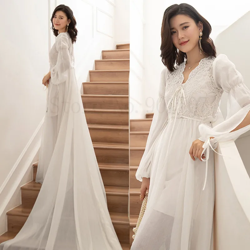 Trailing Wedding Gown PERSPECTIVE Bride Bridesmaid Kimono Robe Dress Sexy Hollow Out Nightwear Bathrobe Lace Sleepwear