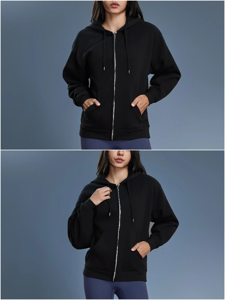 VITALINOVO Damen-Herbst-Kapuzenpullover mit Reißverschluss, Sweatshirts, Fleece-gefütterte Winterjacke mit Kapuze und Kordelzug, locker sitzende Trainingsjacken, Oberteil – Detail 12