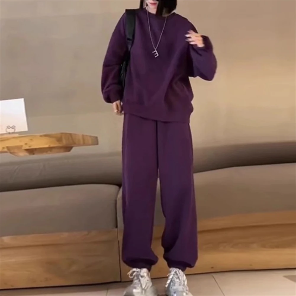 

Korean style purple suit women's spring and autumn new high-end fashion plus size casual round neck top wide leg sweatpants