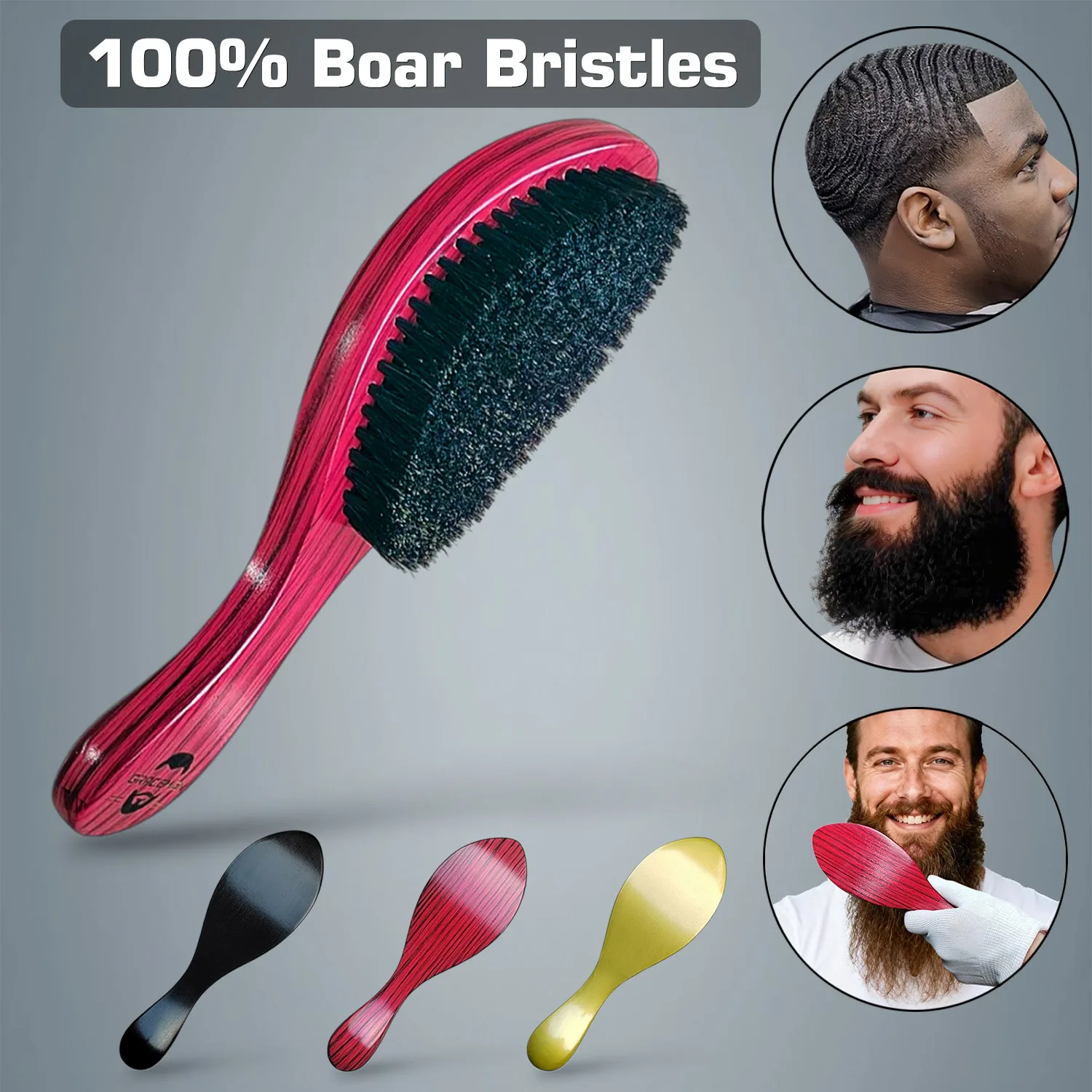 

Gracemen Wave Brush 100% Boar Bristles Beard Brush Soft Hair Brush Promote Beard Growth Curved Wooden Handle
