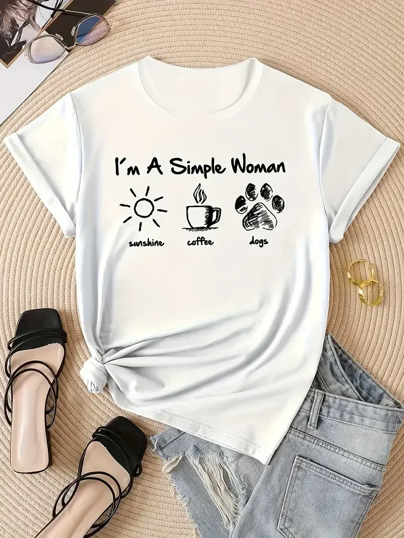 I Am A Simple Woman with Letters Sunshine Coffee Dog Pattern T-shirt Fun Cute Retro Women's T-shirt Fashion Casual Summer Top