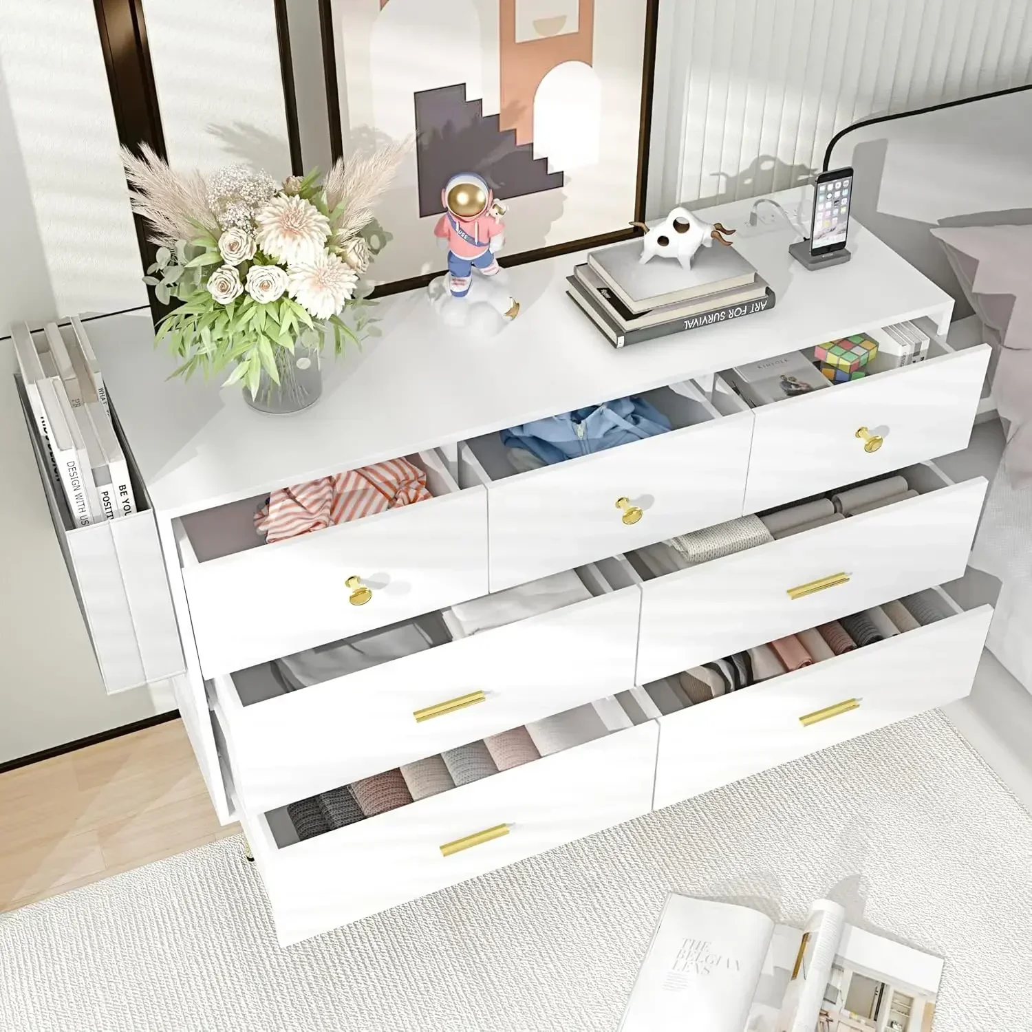 [XMSJ]White Dresser for Bedroom, 7 Drawer Dresser with Charging Station, Wood Chest of Drawers with Gold Handles, Modern Dresser