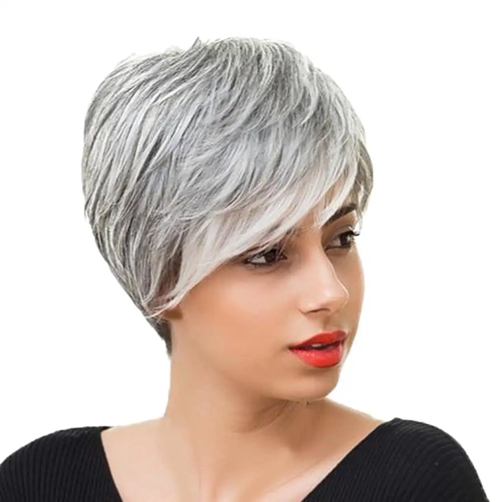 

Парик из натуральных волос для женщин, короткий, серый, многослойный, с челкой, модный, для Хэллоуина, Рождества, карнавальных костюмов