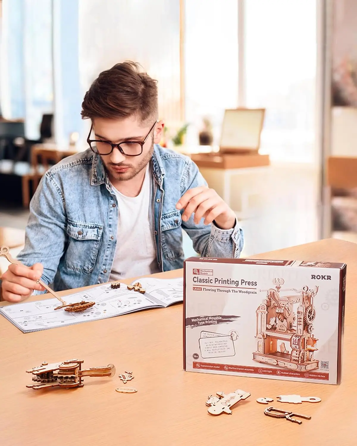 Robotime rokr 3d holz puzzle modell kits klassische druckmaschine mechanische zahnräder für erwachsene