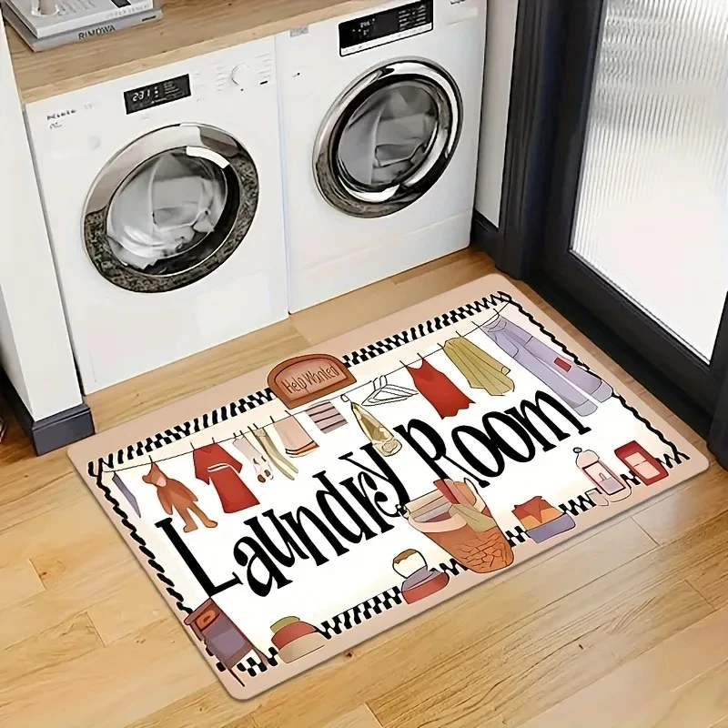 Laundry Room Floor Mat Cartoon Clothes Text Pattern Carpet for Bathroom Bath Area Anti-Slip Indoor Decor Home Kitchen Foot Rug