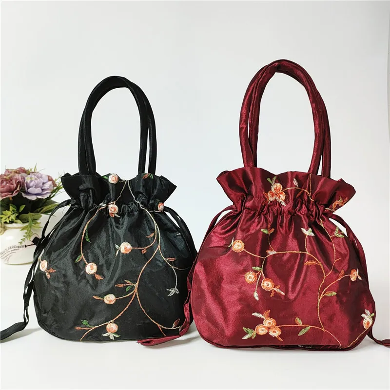 Bolso de mano bordado para mujer, bolsa de cubo para teléfono, monedero de flores Retro, bolso de compras con asa, bolso de estilo étnico con cordón