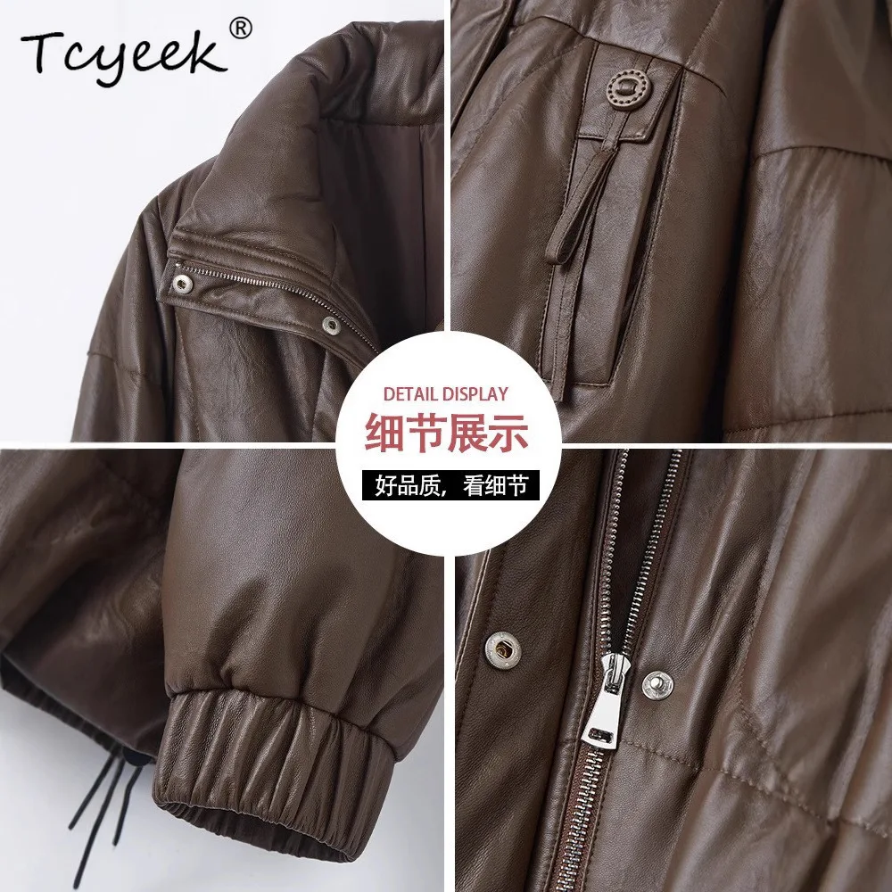 เสื้อแจ็คเก็ตหนังแท้สำหรับผู้หญิงไซส์ใหญ่ แบรนด์ Tcyeek ขนเป็ดขาว หนังแกะ สำหรับฤดูใบไม้ร่วงและฤดูหนาว ดีไซน์ปกเสื้อแบบลาペル ระดับไฮเอนด์