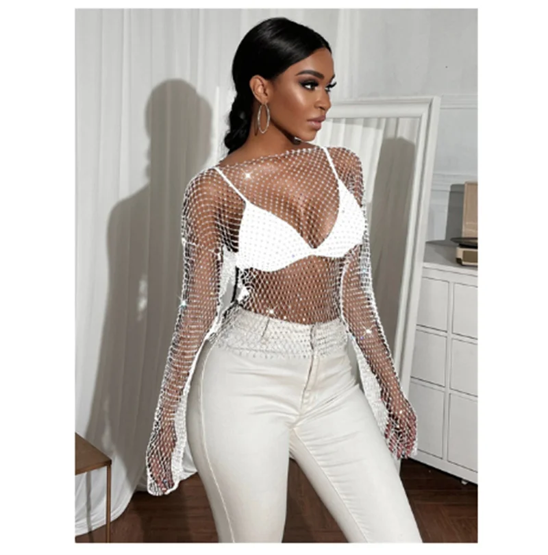 Kristall Diamant Durchsichtig T Shirts 2023 Neue Sommer Frauen Aushöhlen Beachwear Langarm Tops Shirts Festival Party Top – Detail 6