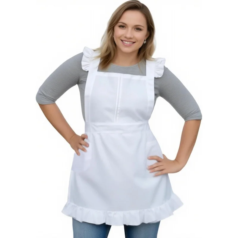 

Retro Style Cotton Kitchen Apron for Women - Adjustable Cross Back Ties, 2 Pockets - White