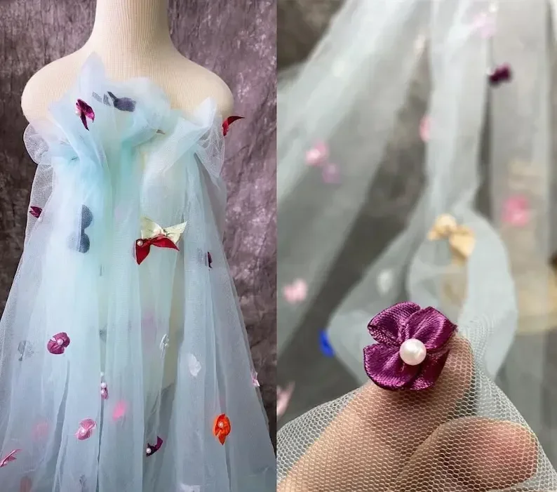 

3D красочный бант с жемчужным цветком и аппликацией, кружевная ткань, светло-зеленая мягкая тюлевая ткань для свадебного платья, свадебного платья