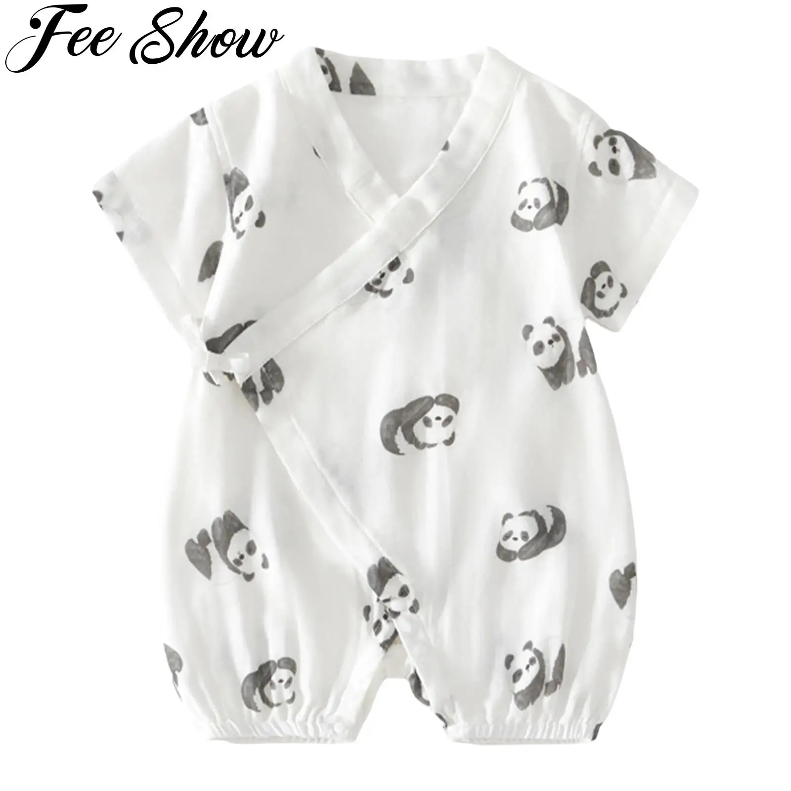 Newborn Baby Girl Boy Bamboo Fiber Romper V Neck Short Sleeve Cute Print Kimono Bodysuit Sleepwear Infant Summer Casual Clothes