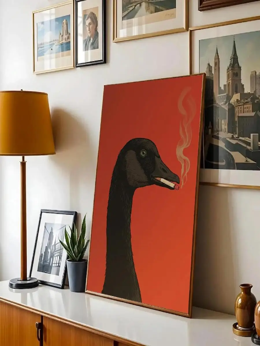 Dark Academia Smoking Cat Canvas Art Print Retro Animal Wall Poster Moody Aesthetic Abstract Kitty Decor for Cat Lovers