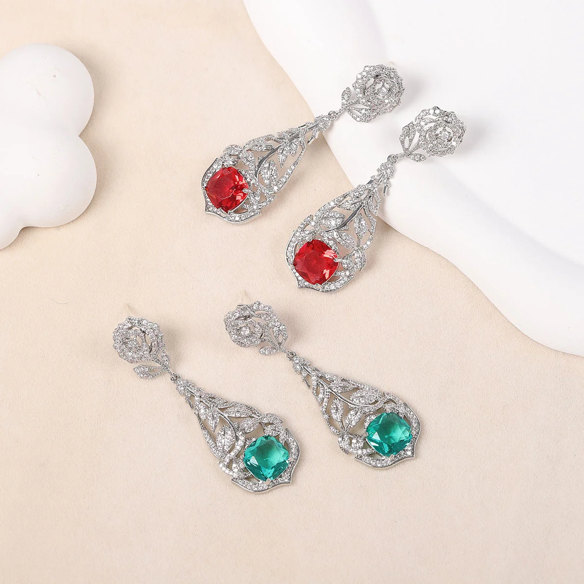 

S925 Sterling Silver Ruby Emerald Rose Earrings, Paved CZ Floral Leaf Dangle Earring, Chic Vintage Banquet Accessory