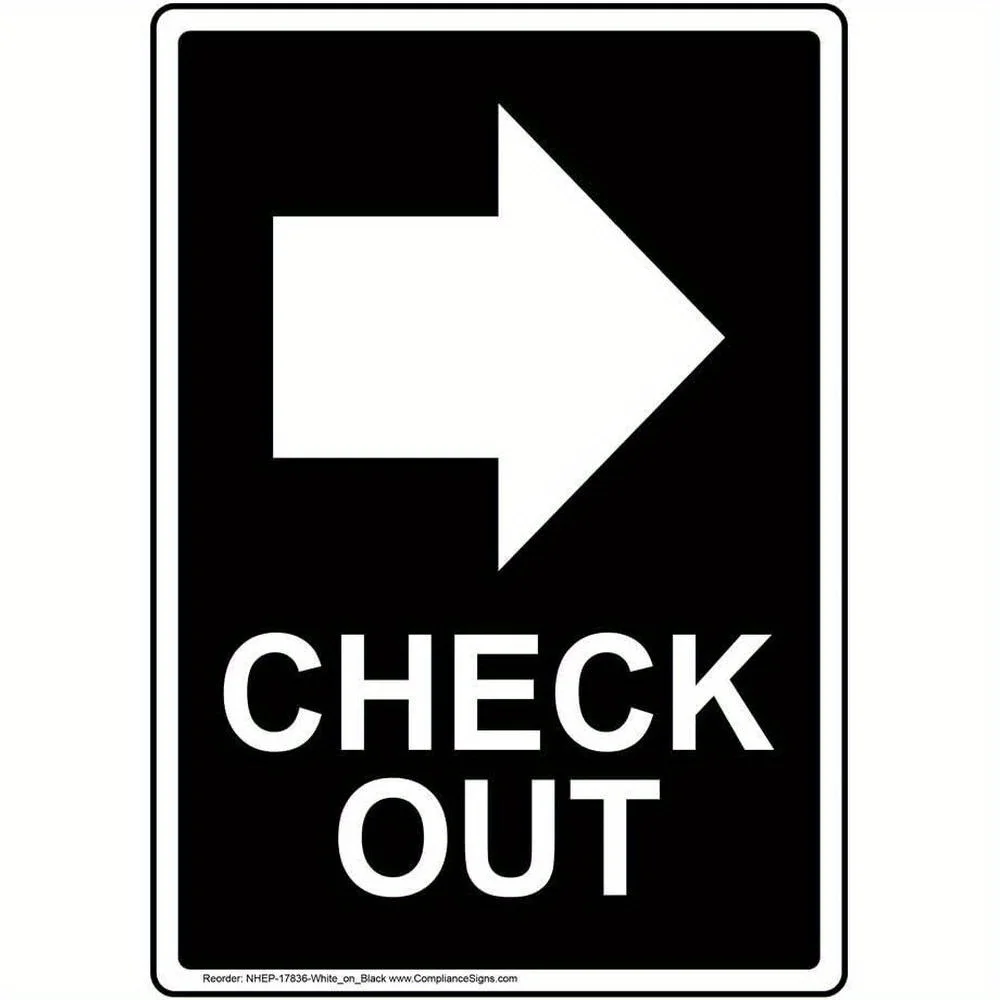 2D Flat Vertical Checkout Right Sign – Black Metal Directional Sign, with Arrow, Bold White Letters and Pre-drilled Holes