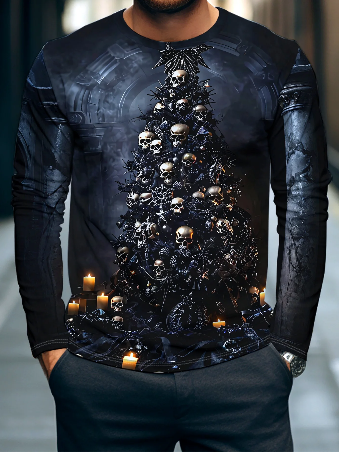 Men Long Sleeve T‑Shirt Skull Christmas Tree Candle 3D Print Gothic Dark Holiday Party Street Casual Top