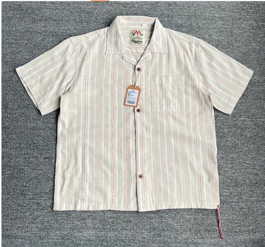 Neue Retro-Hemden im amerikanischen Stil mit kubanischem Kragen und Streifenmuster, Herren Ethno-Stil, 100% Baumwolle, Freizeithemden, Sommer-Kurzarmhemden für Männer – Detail 7