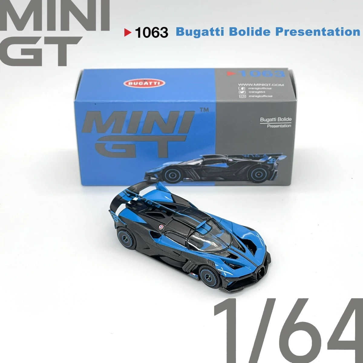 Auf Lager MiniGT 1063 Versandbereit 1:64 Bugatti Bolide Schwarz-Blau Vollcarbon Hypercar LHD Druckguss-Modellauto MGT01063