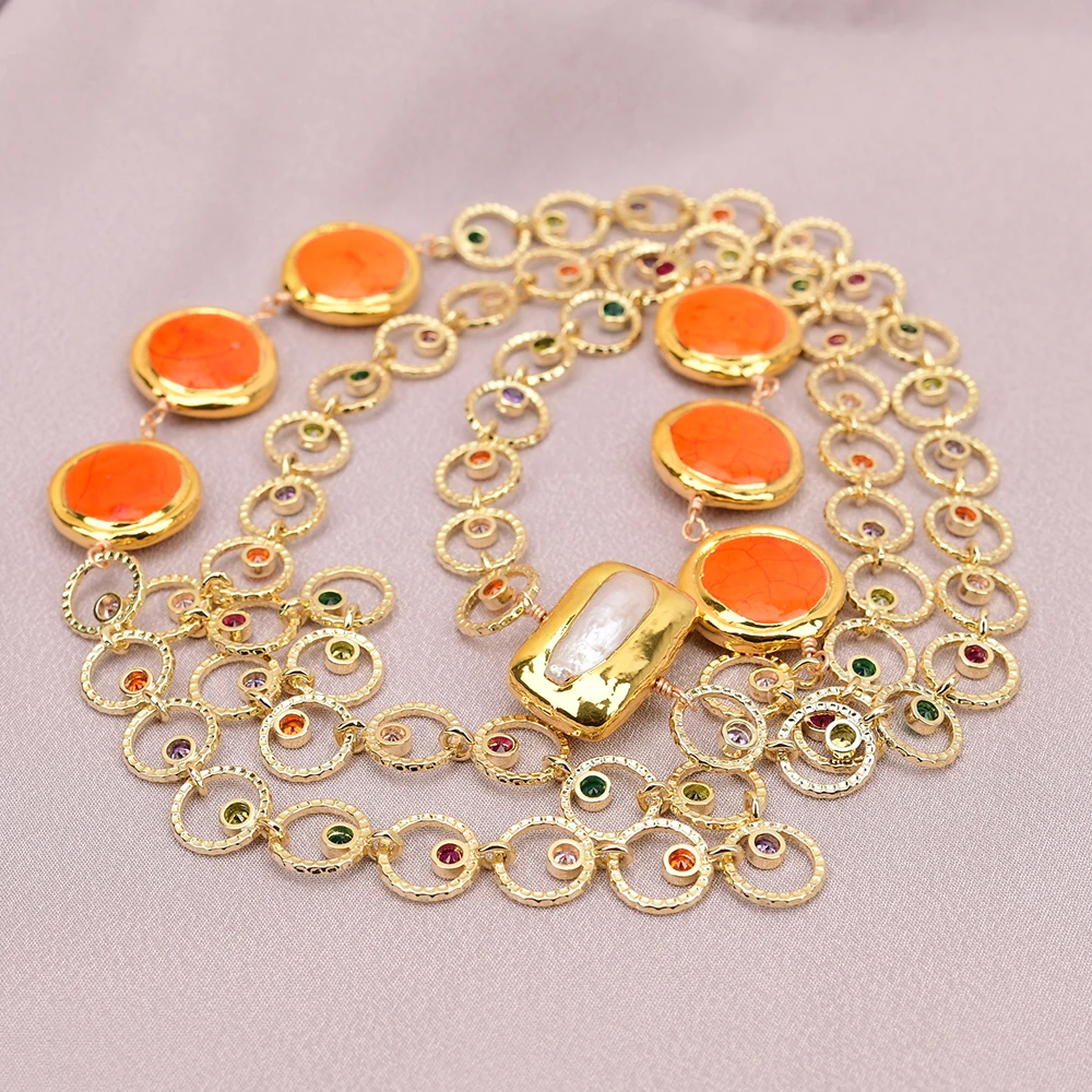 

GG 42'' Orange Turquoise Coin Cultured White Keshi Pearl Gold Plated Zircon Beads Chain Long Necklace