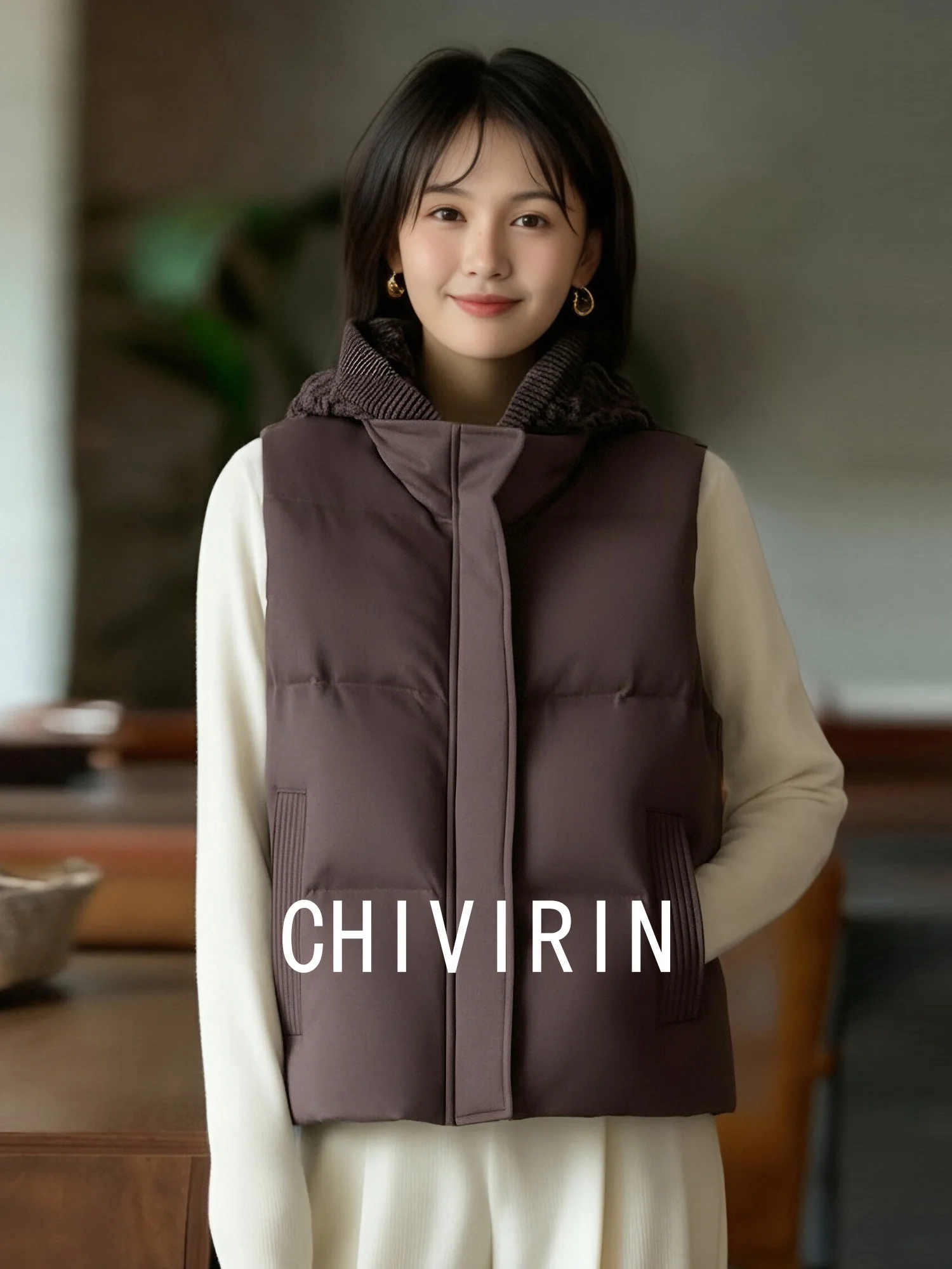 

Chivirin 2025 Winter Women's Loose Warm Cotton Vest Versatile Outerwear Long Sve V-Ne Zipper Closure Color Faion