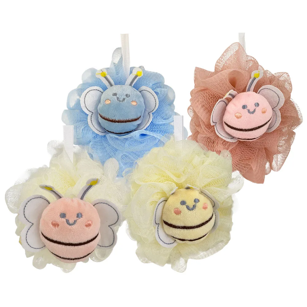 

4 Pcs Bee Bath Ball Sponge for Kids Toddler Baby Cartoon Nylon Loofah Soft Animal Shape Bath Toys Shower Brush Pink