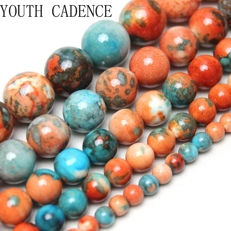 Natural Orange Blue Colorful Rain Jaspers  Stone Round Loose Spacer Beads For Jewelry Making  DIY 4/6/8/10/12mm Bracelet 15\'\'