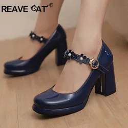 REAVE CAT 2024 Sweet Women Pumps Shoes 1.5cm Platform Round Toe 8cm Thick Heel Patent Leather Buckles Big Size 43 44