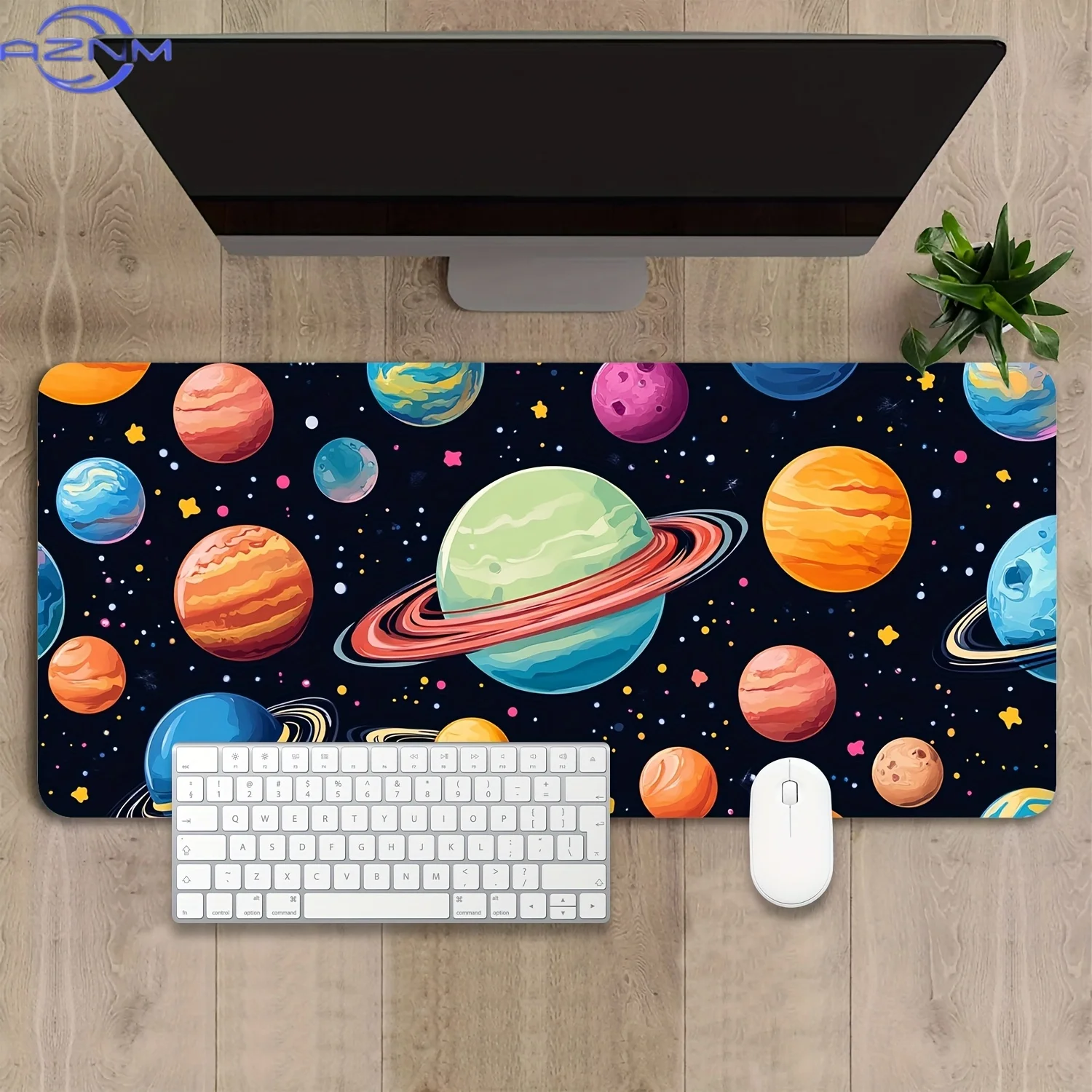 Large Gaming Mouse Pad with Cartoon Planets Pattern - Non-Slip Rubber Desk Mat for Office, Home, and Gaming Use, Space-Themed De