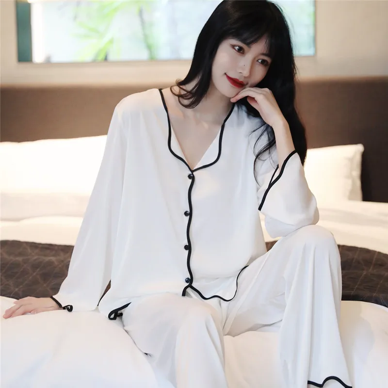 Ice Silk Satin Women Pajama Set Long Sleeve Soft Elegant Casual Home Sleepwear For Four Seasons
