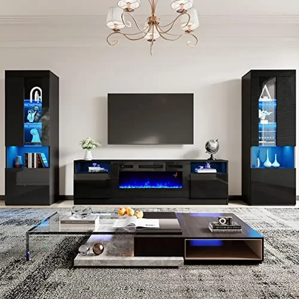 Electric Fireplace TV Stand with LED Bookcases Modern Highgloss Entertainment Center Set