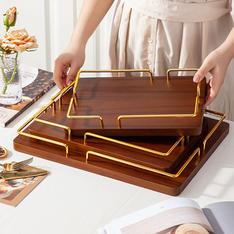 Cross-border wooden acacia wood round storage plate solid wood square plate dessert plate fruit tray tea tray cup tray