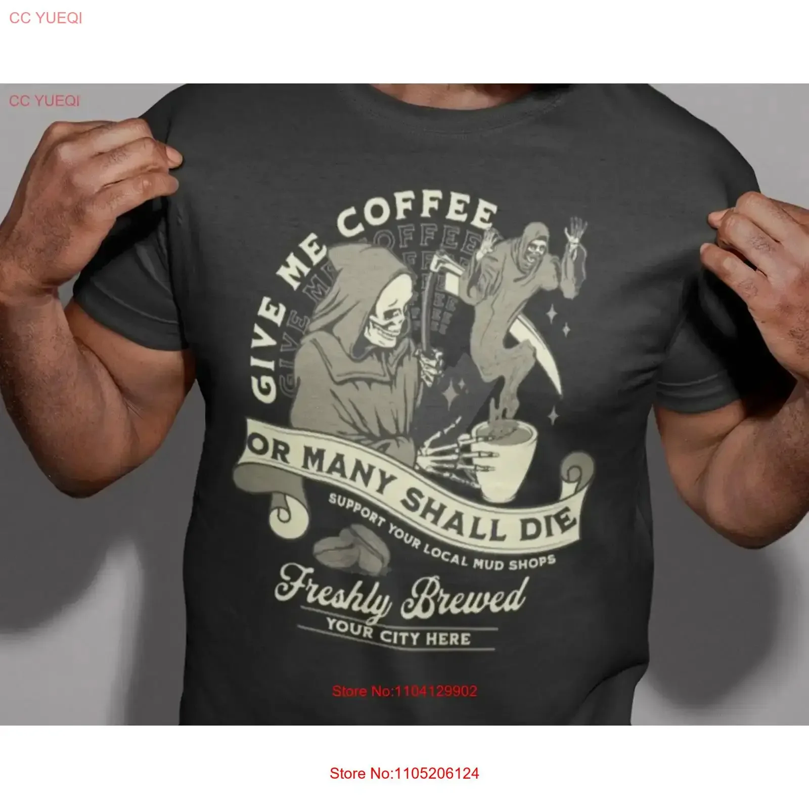 تي شيرت قهوة مضحكة قم بتخصيص مدينةك أعطني أو الموت ولكن أولاً لا يعمل قبل تخاطب عتيق مغسول ناعم قليلاً