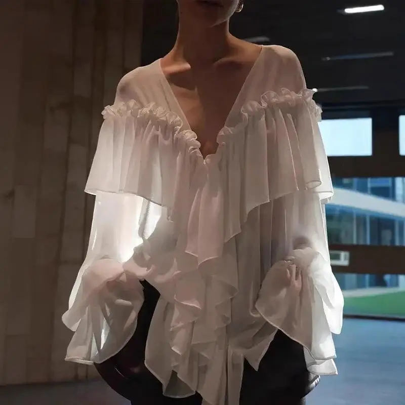 Sexy See-through V-neck Long Sleeve Chiffon Top Beach Cover up Polyester Fiber Gathered Pure Color Women's Summer Fashion