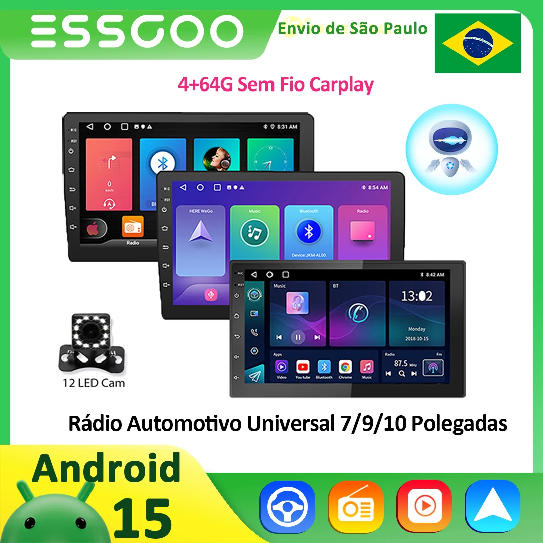 ​ Rádio Automotivo ESSGOO Android 15 2 Din 7"/9"/10" Carplay Auto MP5 Universal WIFI GPS Multimídia Player de Vídeo FM Estéreo Automotivo