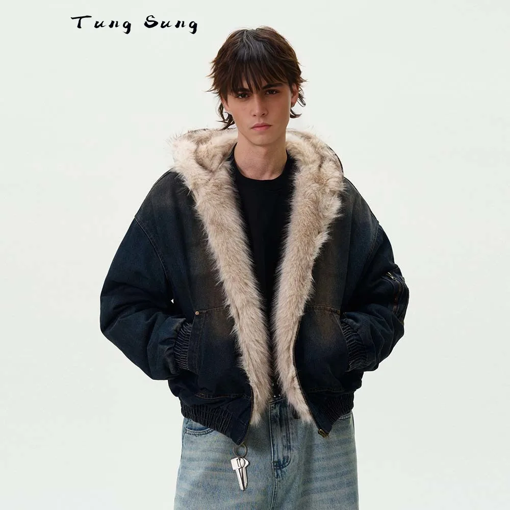 Tung Sung Fur Collar Denim Parkas Men's and Women's Distressed Puffer Jacket Hip Hop Thickened Warm Coat Short