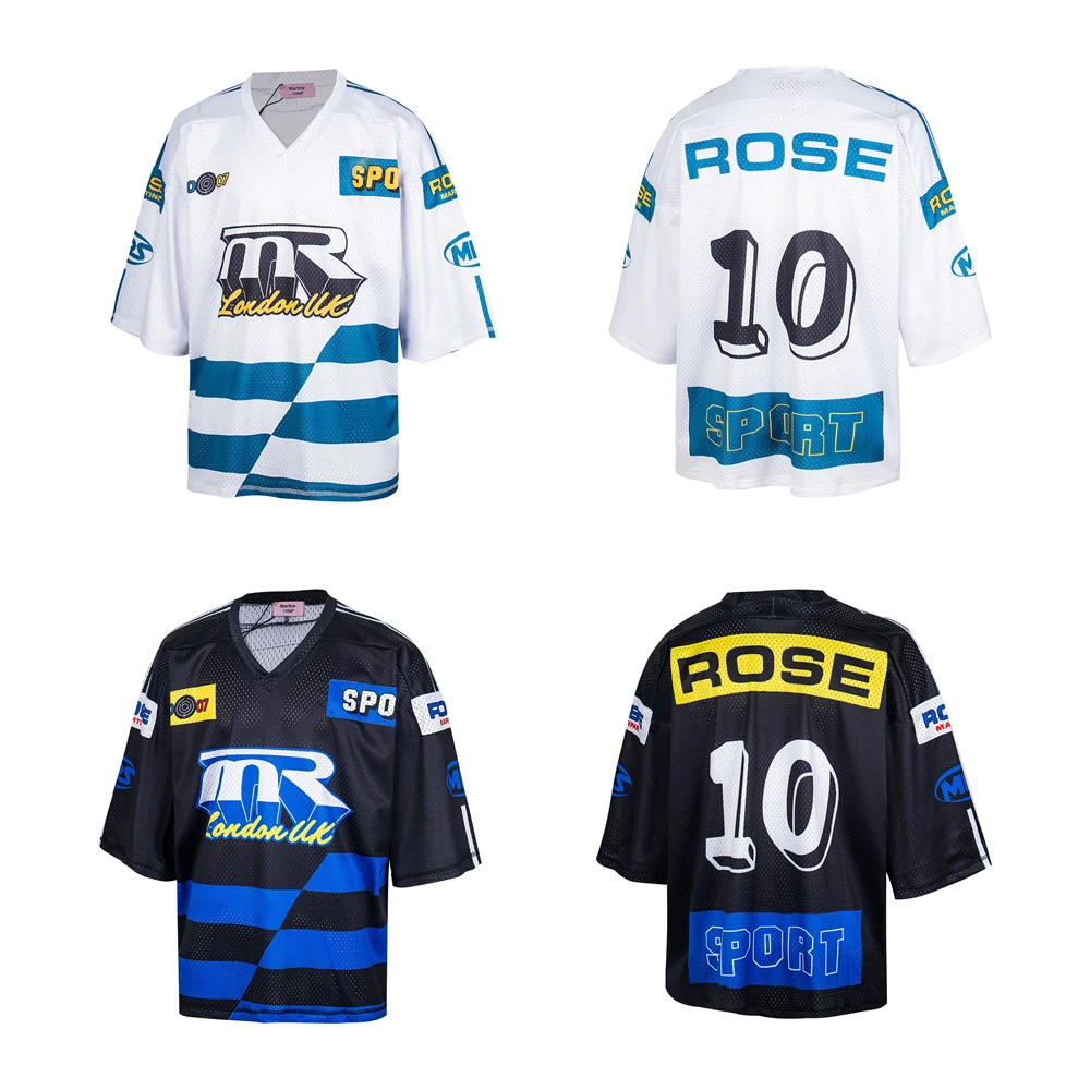 

Mesh Patchwork Logo Blue White Martine Rose V-Neck Mesh Jerseys Tee Men Women Unisex Oversized T Shirt Tops