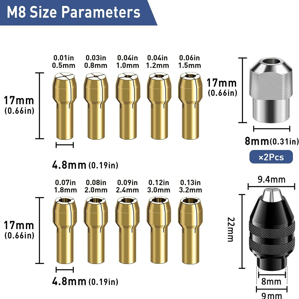 0.8-3.2mm Collet Set Drill Chuck Collet Set DIY Projects Brass Collet Chuck Sleeves M8x0.75mm Drill Chuck For Electric Grinders