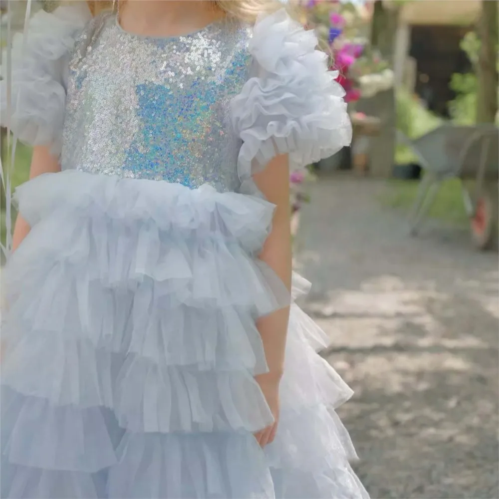 Girl's Sequin Dress New Princess Blue Gradient Fluffy Yarn Dress Birthday Party Cake Dress