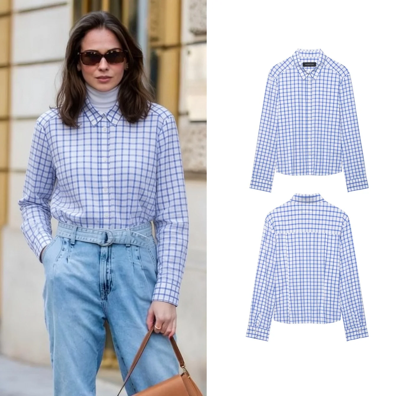 

Women's Blue Plaid Shirts Spring New Female Long Sleeve Blouses Tops Lady Elegant Leisure Single Breasted Commuting Street Shirt