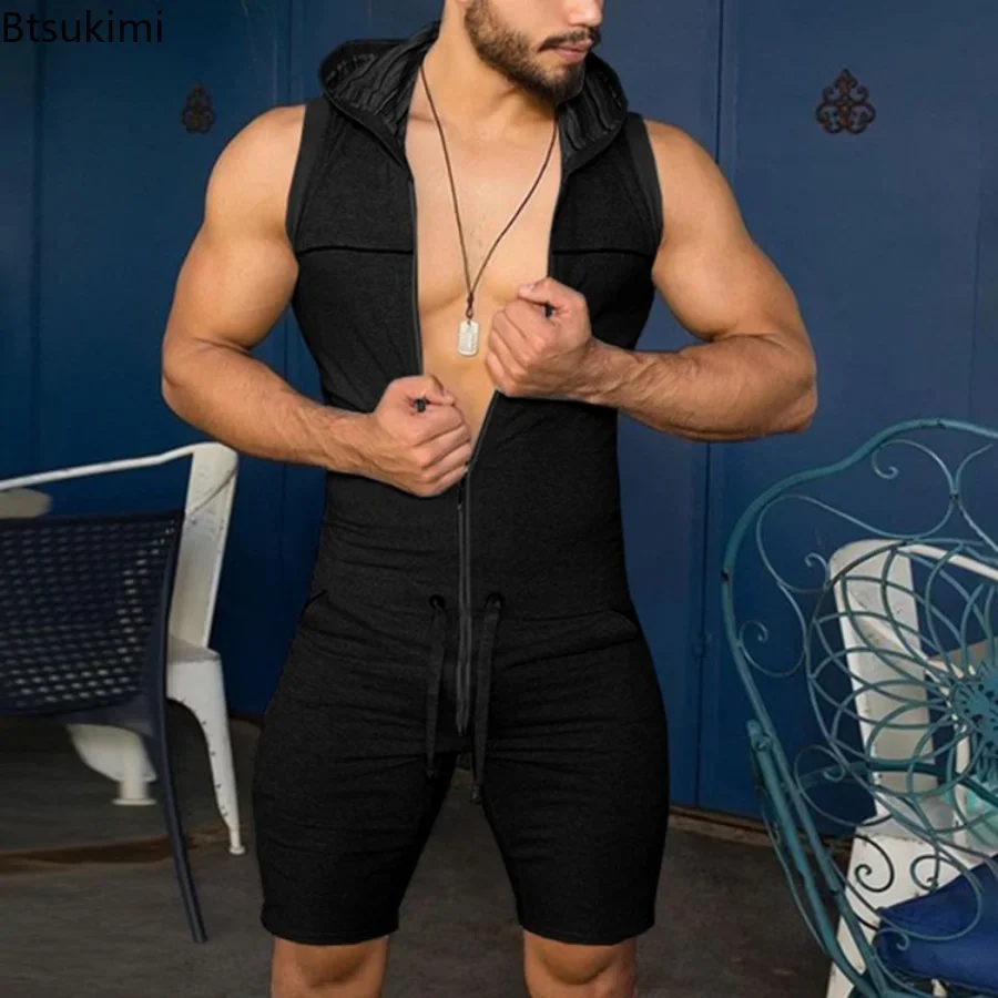 New 2024 Men\'s One Piece Tight Fitness Jumpsuit Zipper Sleeveless Hooded Rompers with Pockets Male Fashion Rompers Pajamas Sets