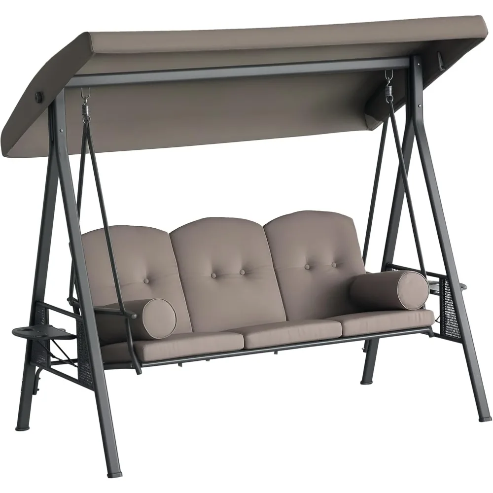 

3-Seat Patio Swing Chair, Outdoor Porch Swing Glider with Adjustable Canopy, Removable Cushion, Pillows and Side Trays