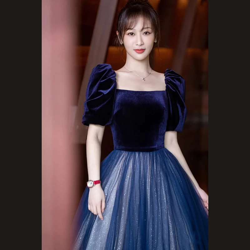 

Blue Velvet Evening Gown Women's New 2026 Luxury Lightweight Ball Host Dr High-End Sensation Korean Sle mid Waist Lon...